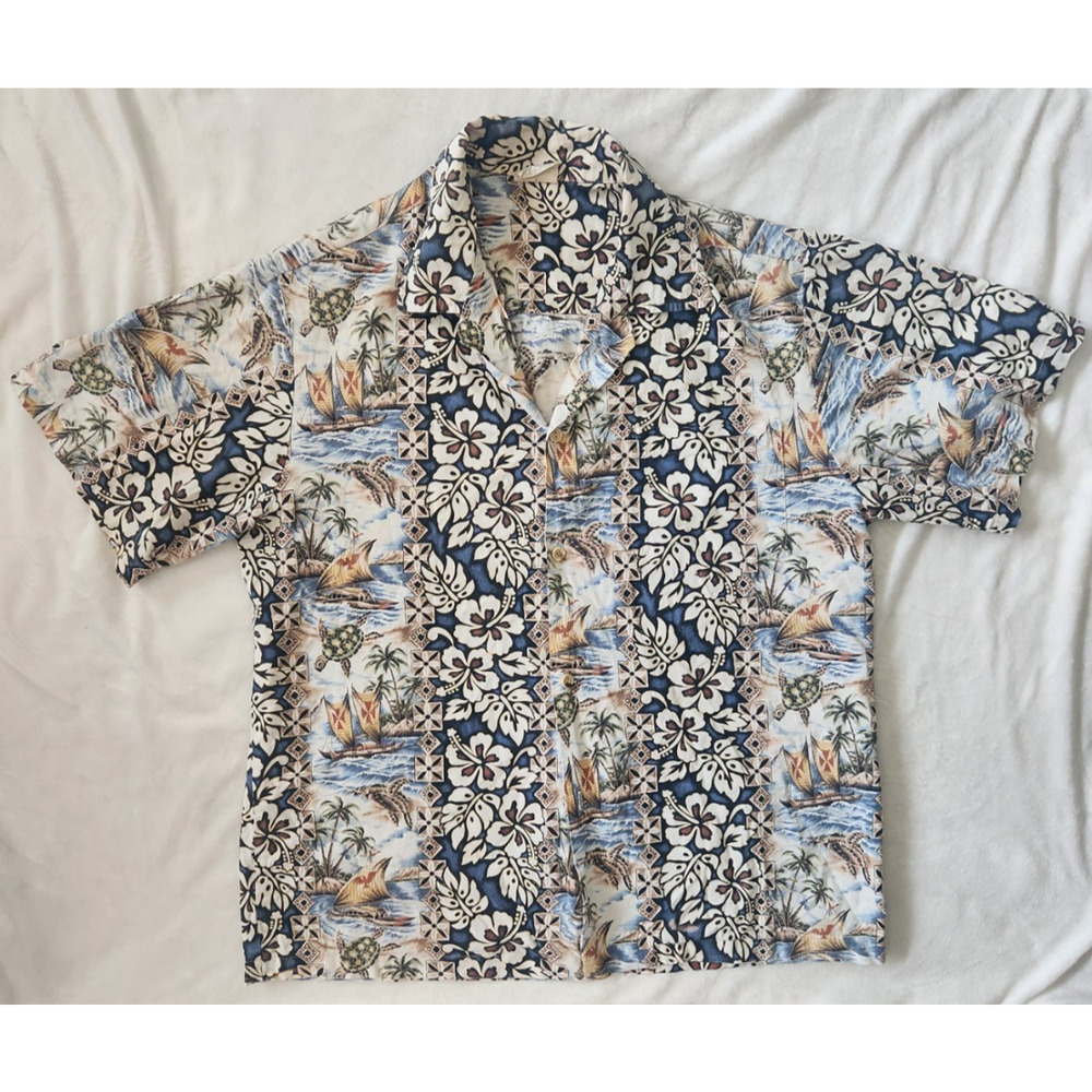 Vintage 70’s Aloha Republic Hawaiian Shirt Size M Sea Turtle Aloha Canoe